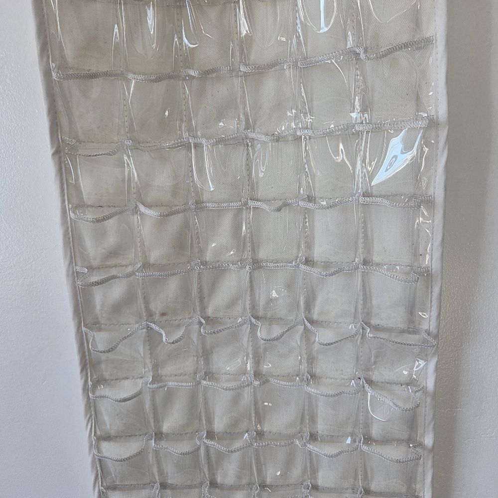 72 Slot Jewelry Organizer Hanging Closet Door White Fabric Clear Plastic - Picture 5 of 7